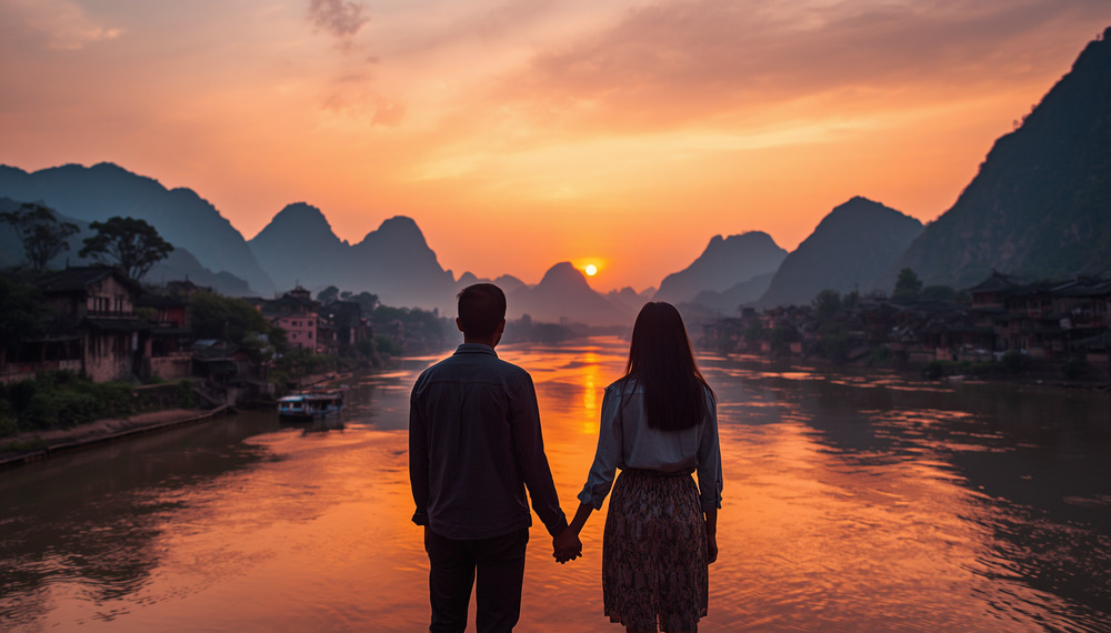 Pareja contemplando el atardecer sobre el rio Li con las montanas al fondo en Guilin